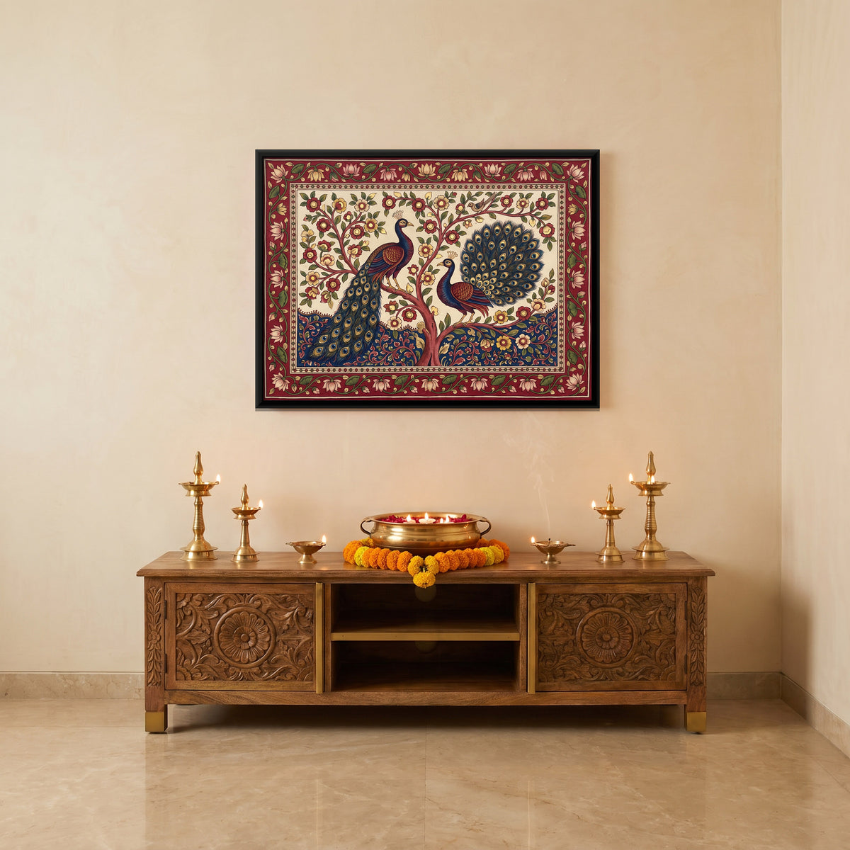 Peacocks in a Flowering Tree - canvas art shown in a styled room
