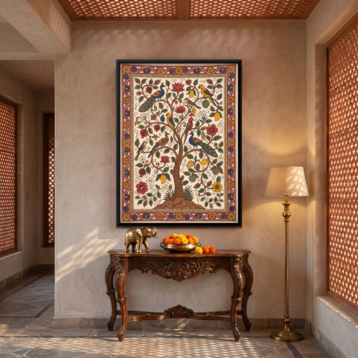 Tree of Life with Birds - canvas art shown in a styled room