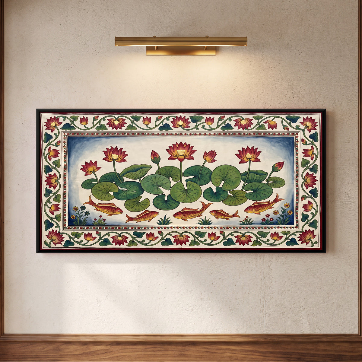 Lotus Pond with Fish - framed canvas art hung on a wall