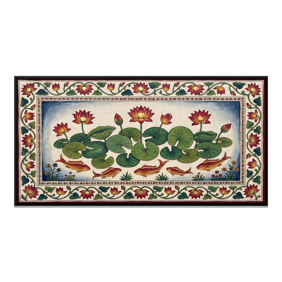 Lotus Pond with Fish - framed canvas print, front view