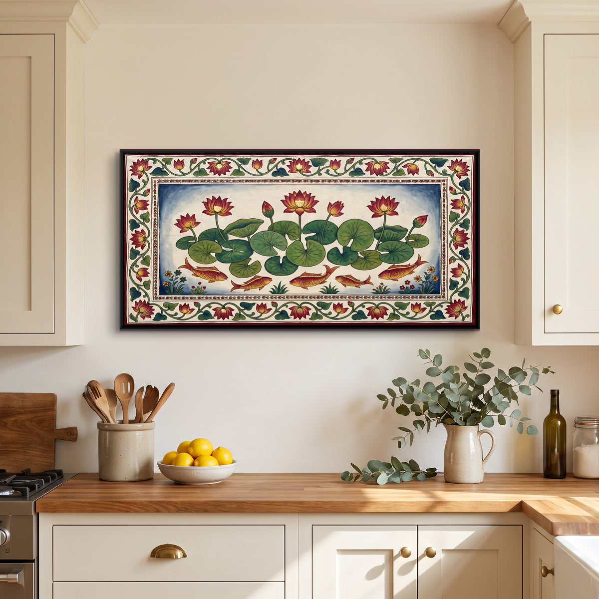 Lotus Pond with Fish - canvas art shown in a second room setting