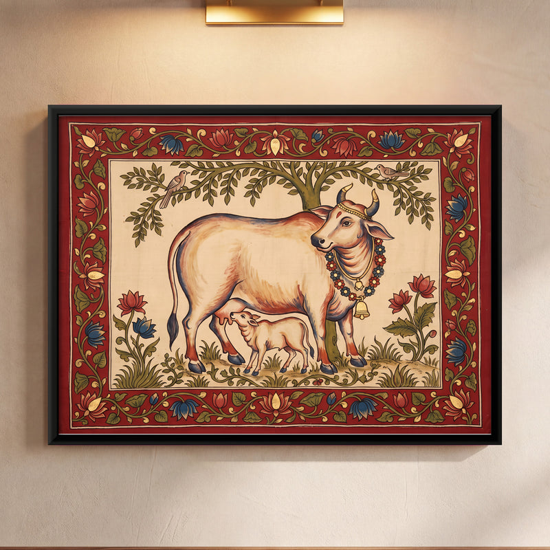 Gau Mata with Calf - framed canvas art hung on a wall
