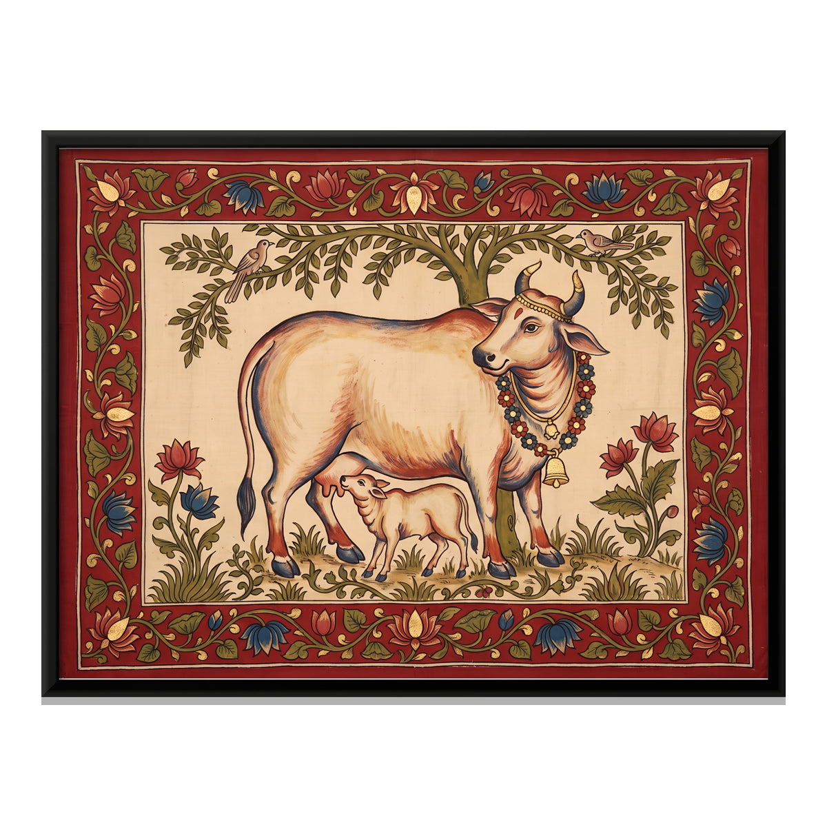 Gau Mata with Calf - framed canvas print, front view