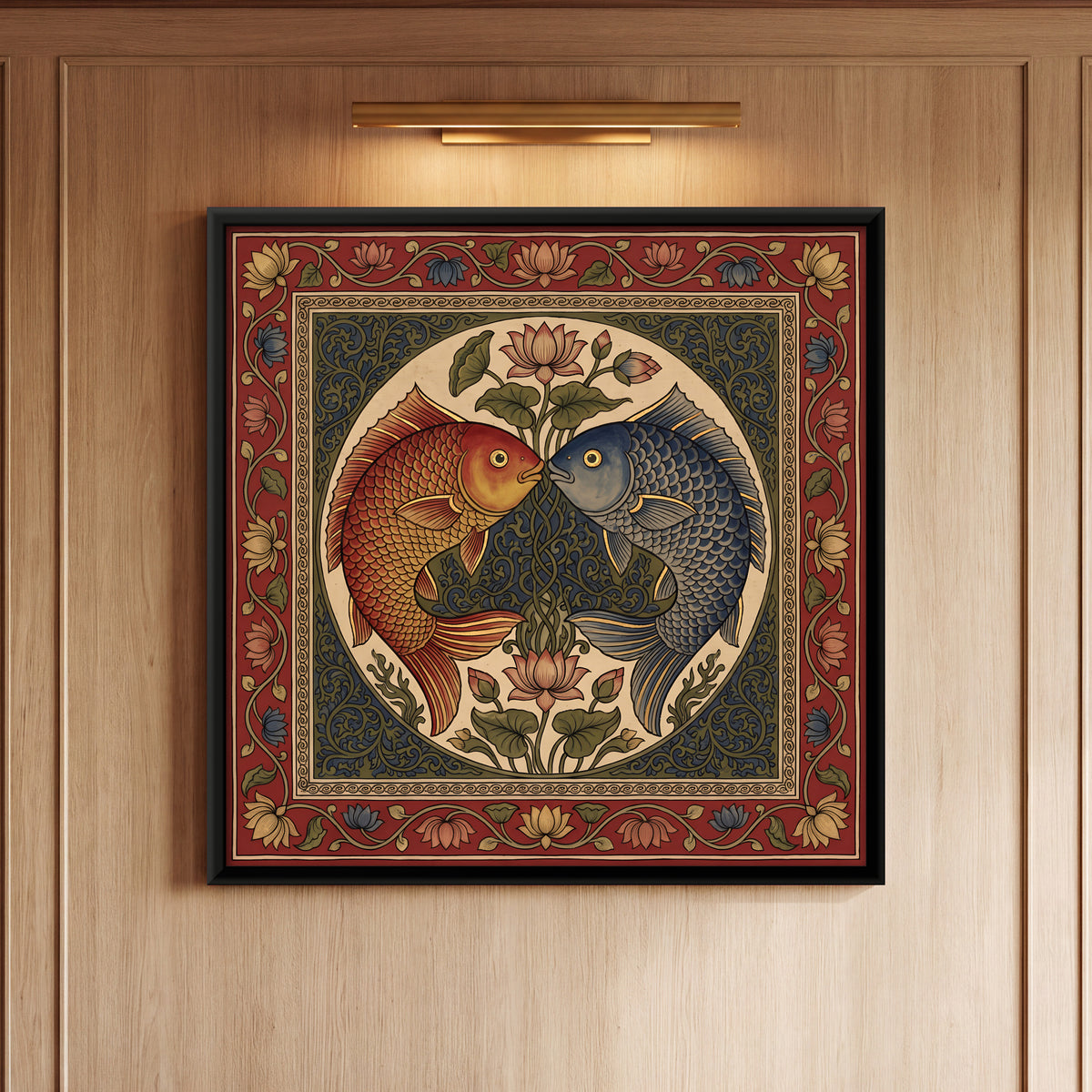 Pair of Fish with Lotus - framed canvas art hung on a wall