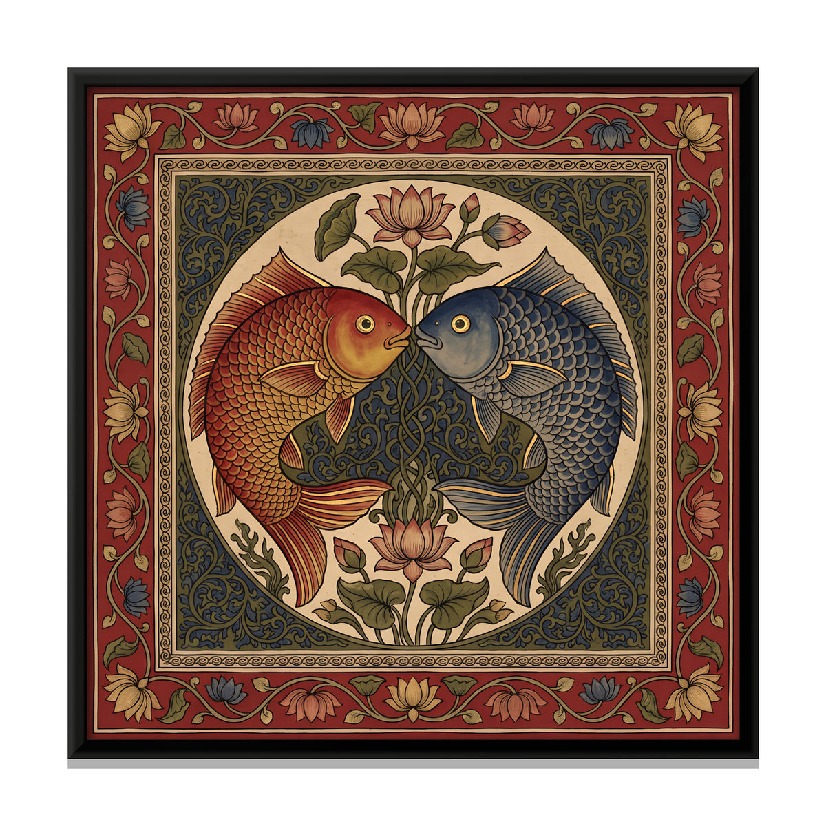 Pair of Fish with Lotus - framed canvas print, front view