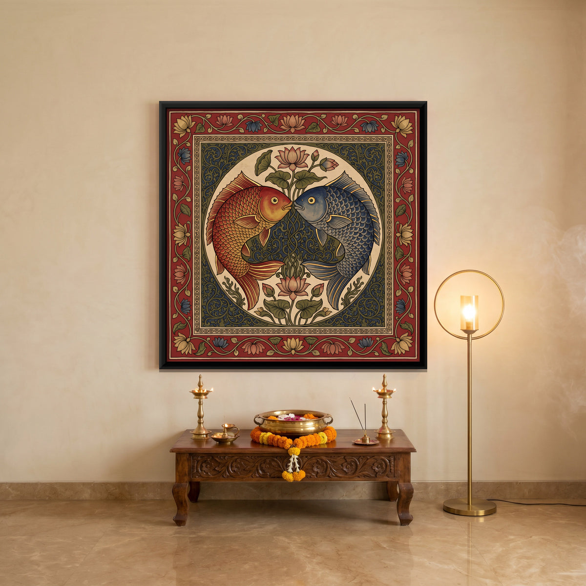 Pair of Fish with Lotus - canvas art shown in a styled room