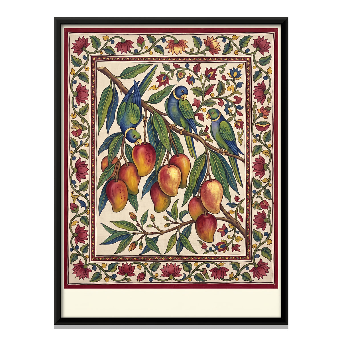 Parrots on a Mango Branch - framed canvas print, front view
