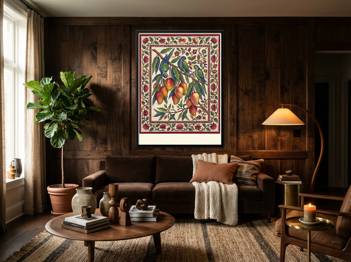 Parrots on a Mango Branch - canvas art shown in a second room setting