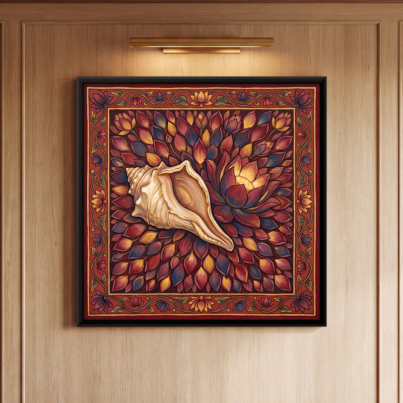 Conch Shell on a Lotus - framed canvas art hung on a wall
