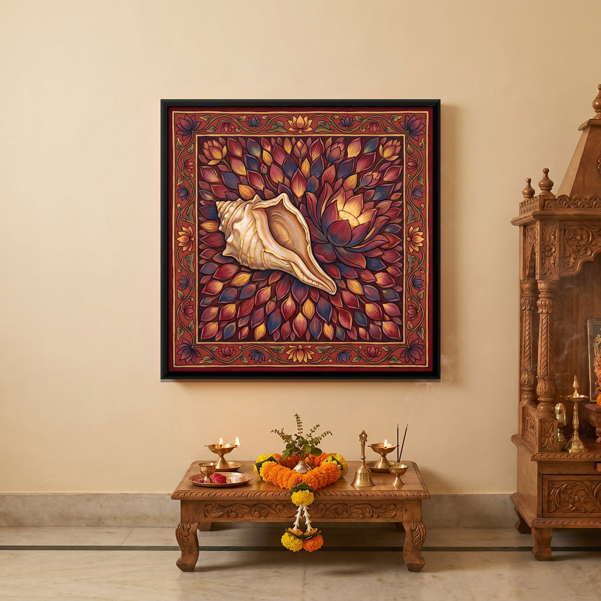 Conch Shell on a Lotus - canvas art shown in a styled room