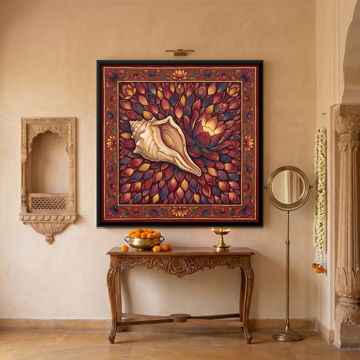 Conch Shell on a Lotus - canvas art shown in a second room setting