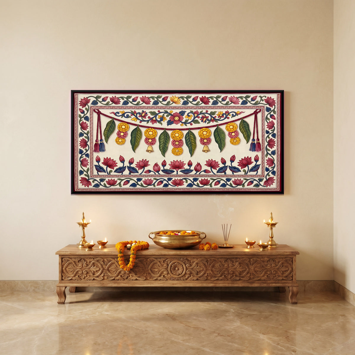 Mango Leaf and Marigold Toran - canvas art shown in a styled room