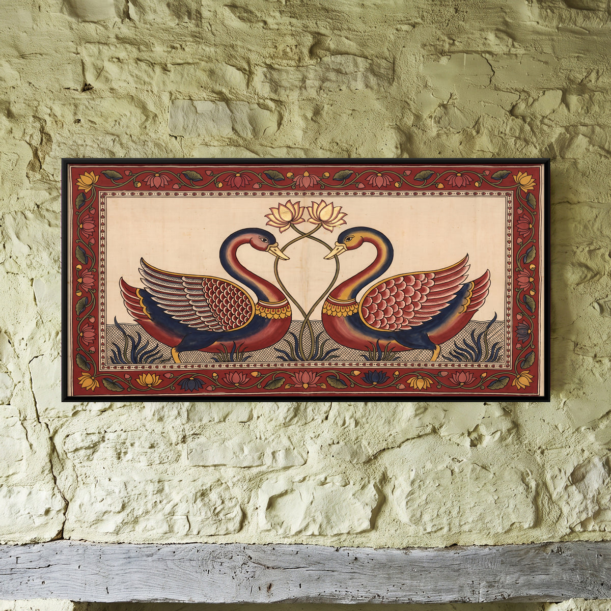 Pair of Swans with Lotus - framed canvas art hung on a wall