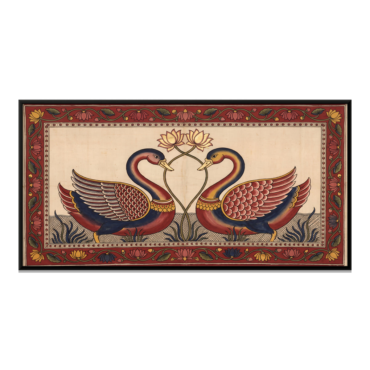 Pair of Swans with Lotus - framed canvas print, front view