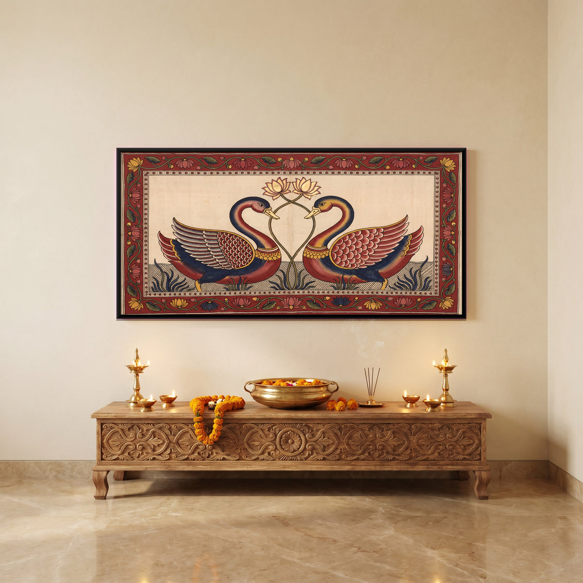 Pair of Swans with Lotus - canvas art shown in a styled room