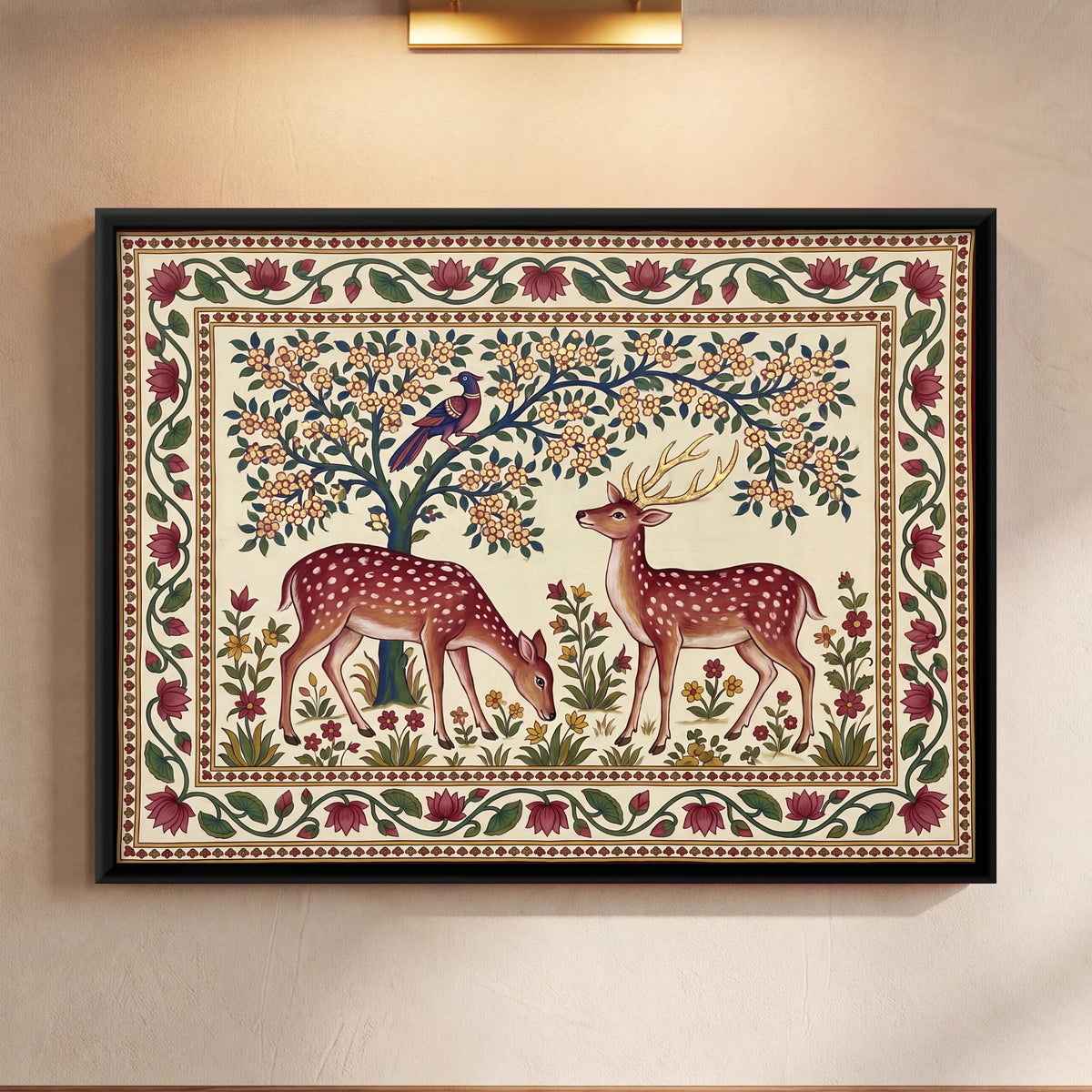 Deer Beneath a Flowering Tree - framed canvas art hung on a wall