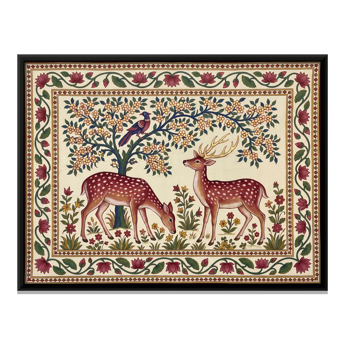 Deer Beneath a Flowering Tree - framed canvas print, front view