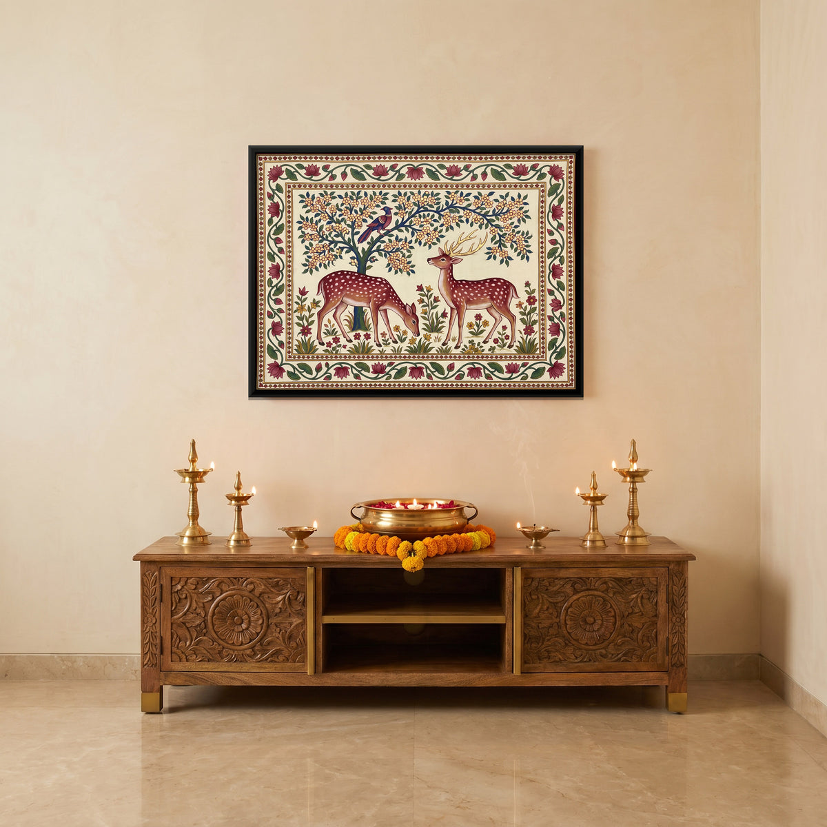 Deer Beneath a Flowering Tree - canvas art shown in a styled room