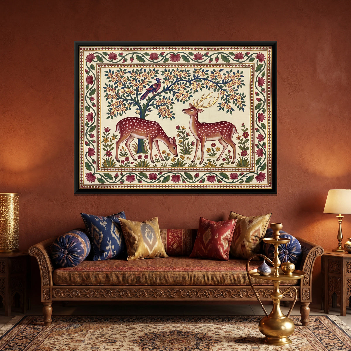 Deer Beneath a Flowering Tree - canvas art shown in a second room setting