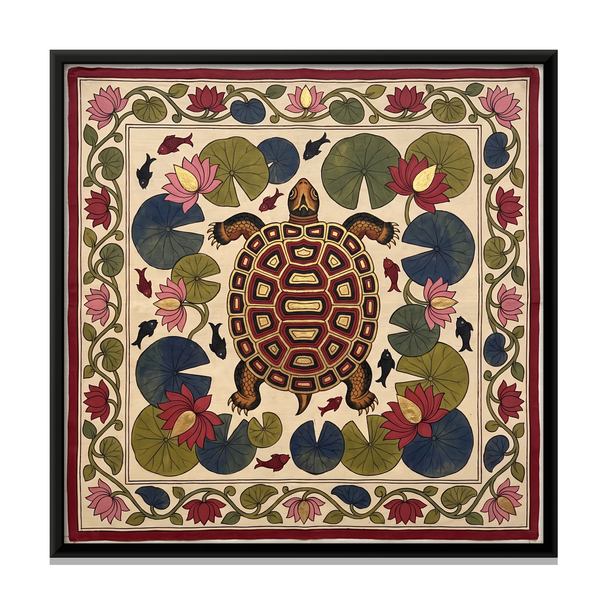 Tortoise in a Lotus Pond - framed canvas print, front view