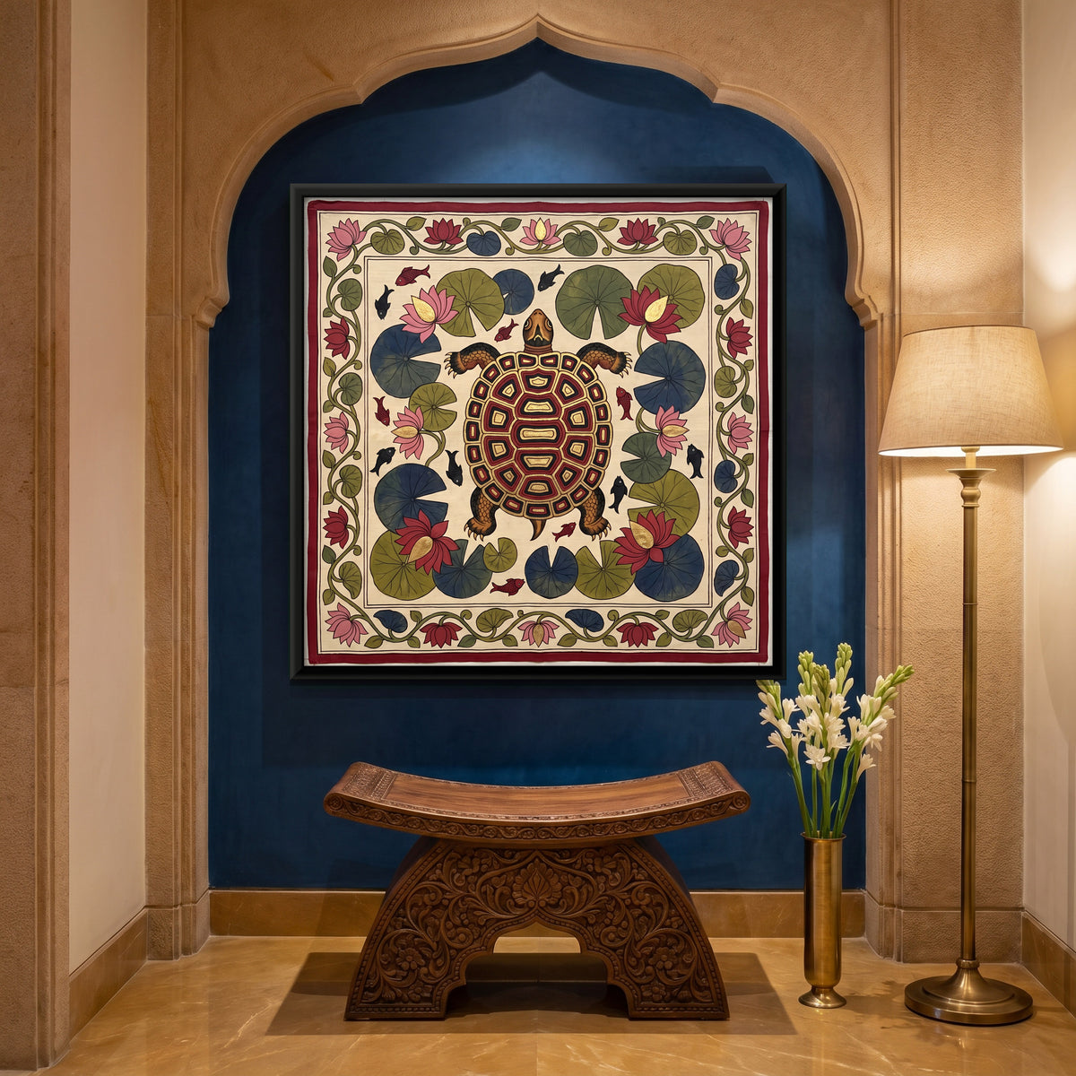 Tortoise in a Lotus Pond - canvas art shown in a styled room