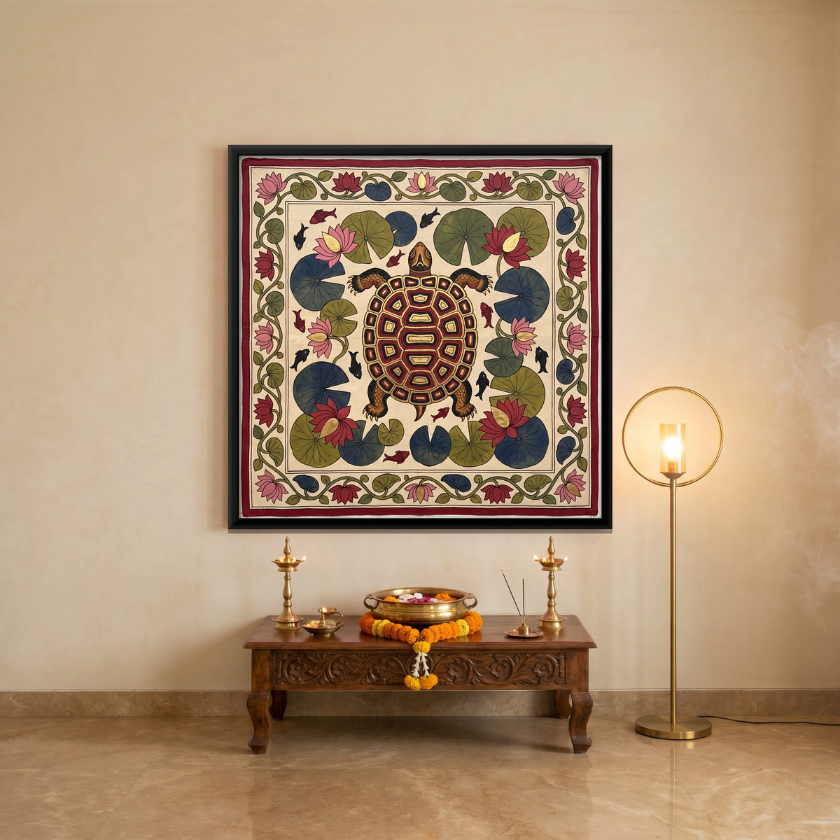 Tortoise in a Lotus Pond - canvas art shown in a second room setting