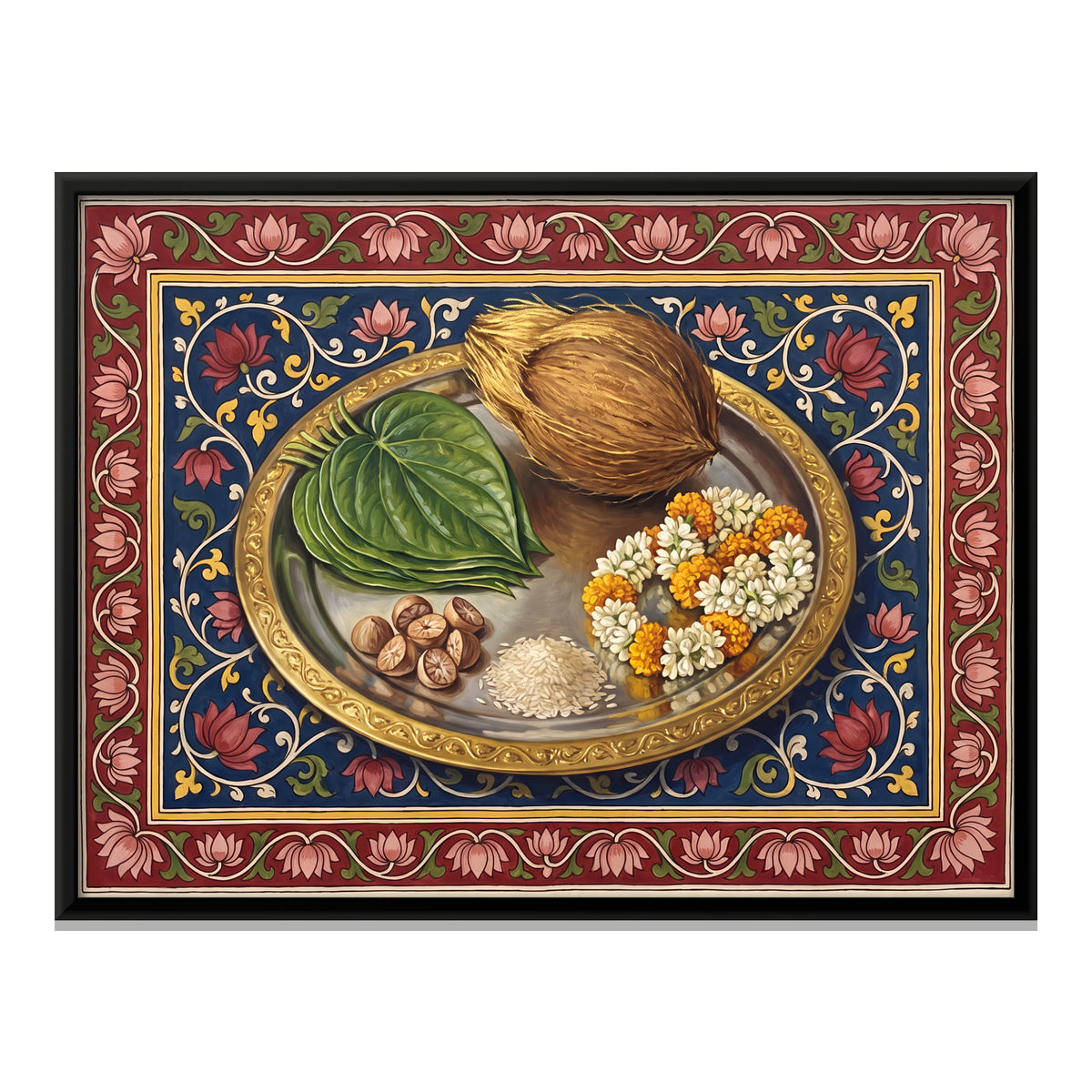 Puja Thali with Coconut and Betel Leaf - framed canvas print, front view