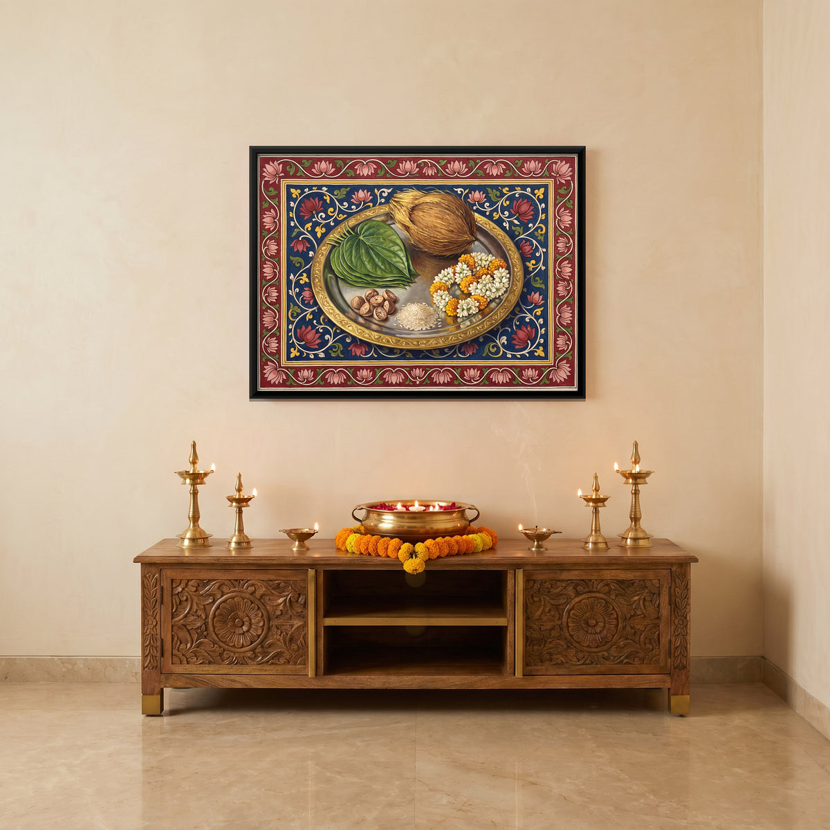 Puja Thali with Coconut and Betel Leaf - canvas art shown in a styled room