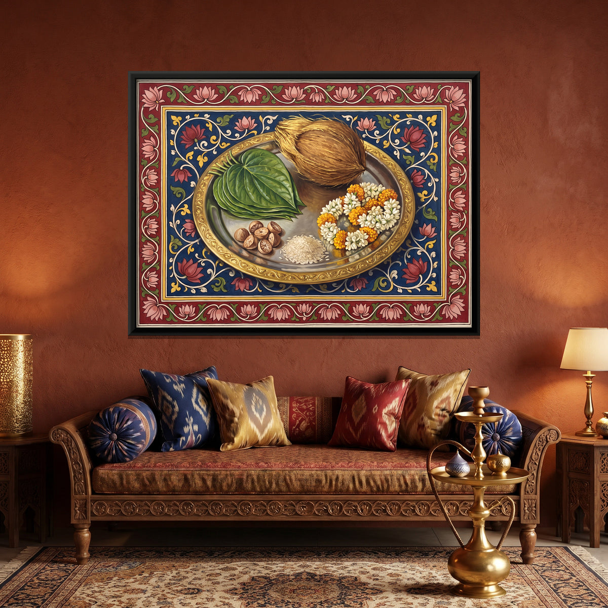 Puja Thali with Coconut and Betel Leaf - canvas art shown in a second room setting