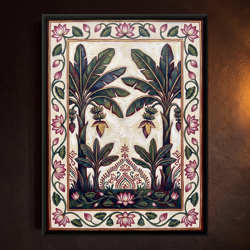 Banana Trees at a Temple Doorway - framed canvas art hung on a wall