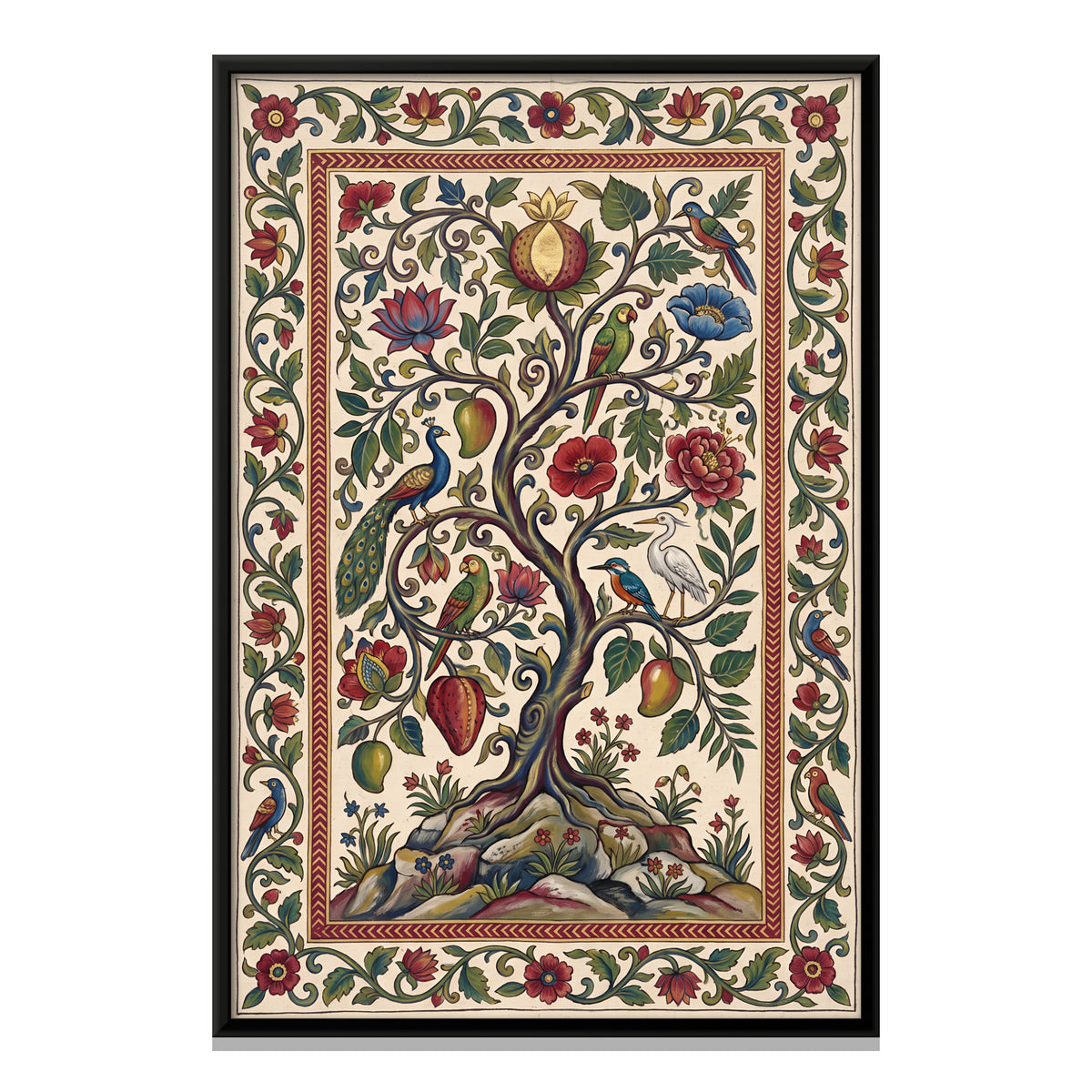 Tree of Life with Birds - framed canvas print, front view