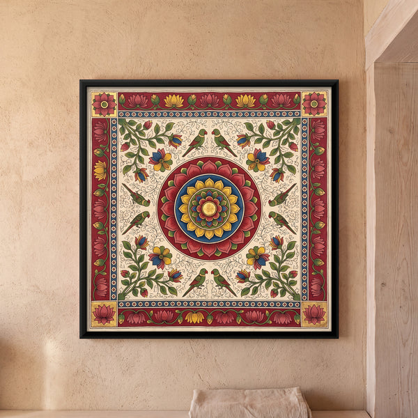 Central Lotus Medallion Surrounded by Parrots