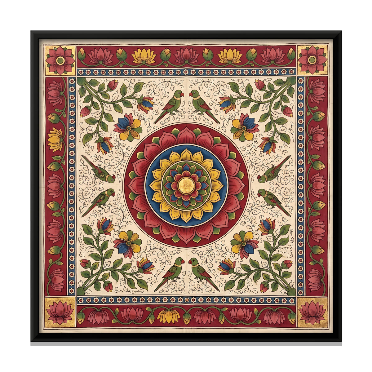 Lotus Medallion with Parrots - framed canvas print, front view