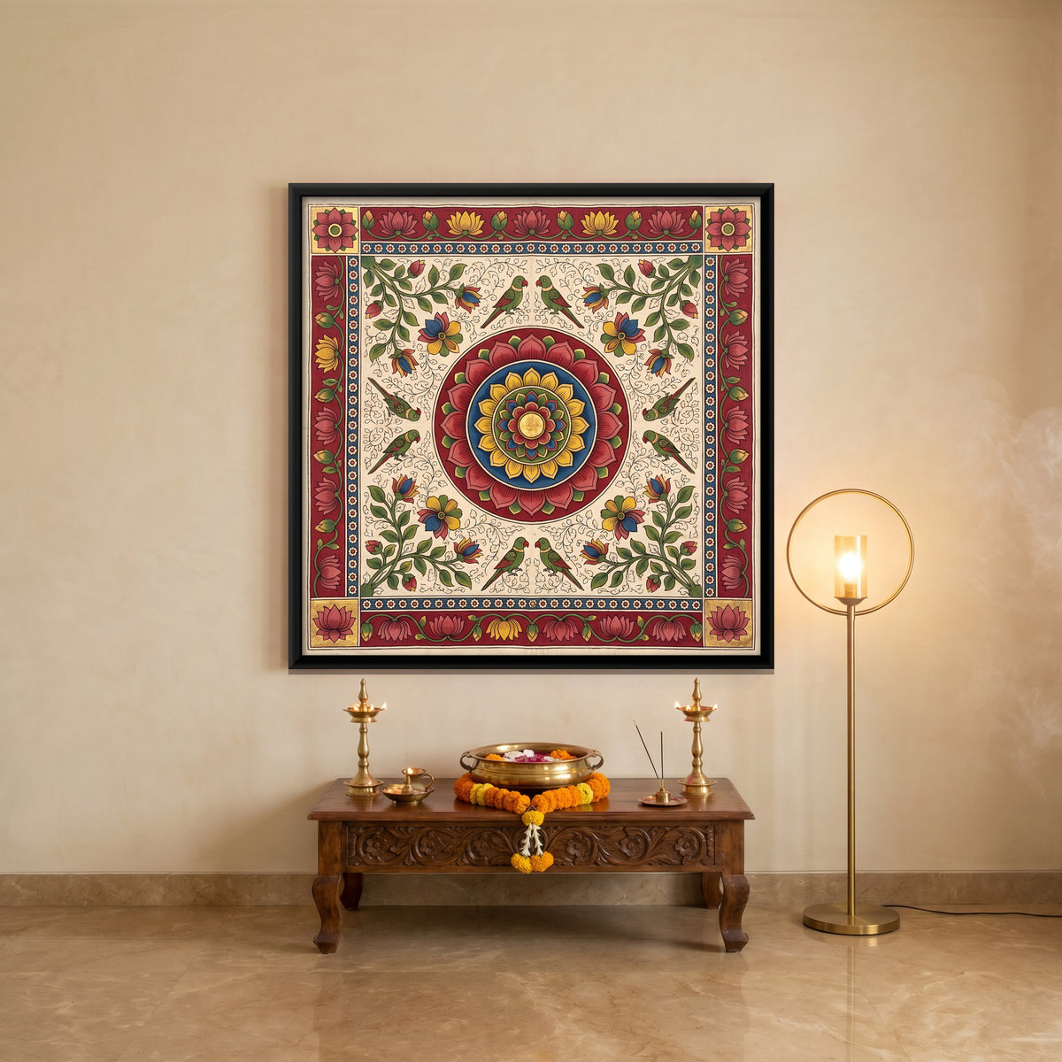 Lotus Medallion with Parrots - canvas art shown in a styled room