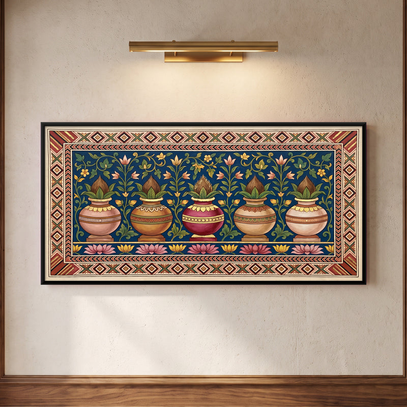 Row of Kalash Pots - framed canvas art hung on a wall