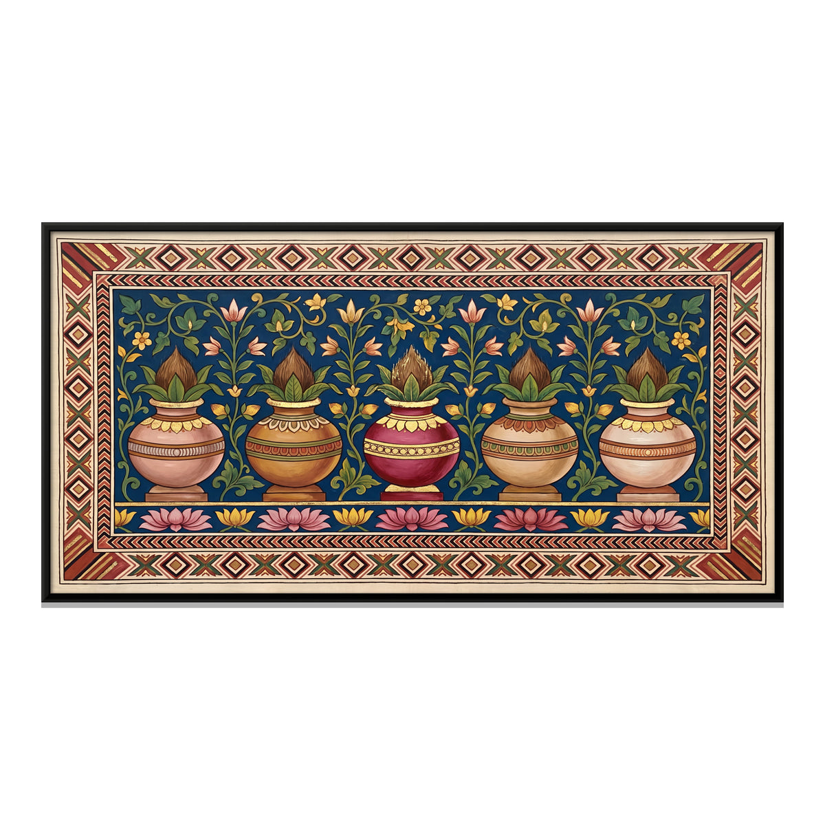 Row of Kalash Pots - framed canvas print, front view