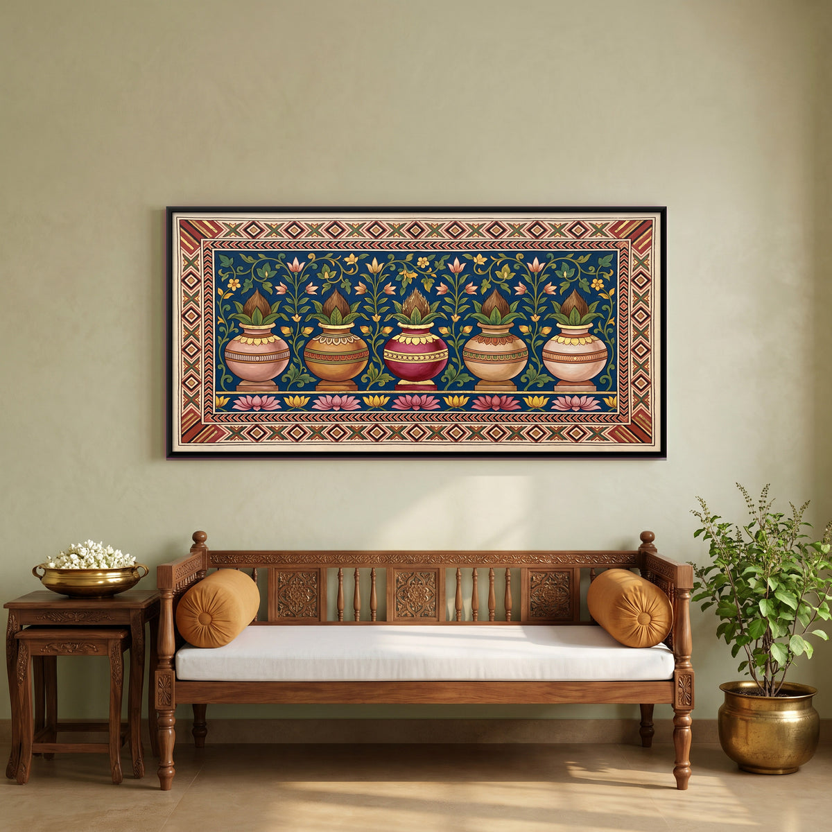 Row of Kalash Pots - canvas art shown in a styled room
