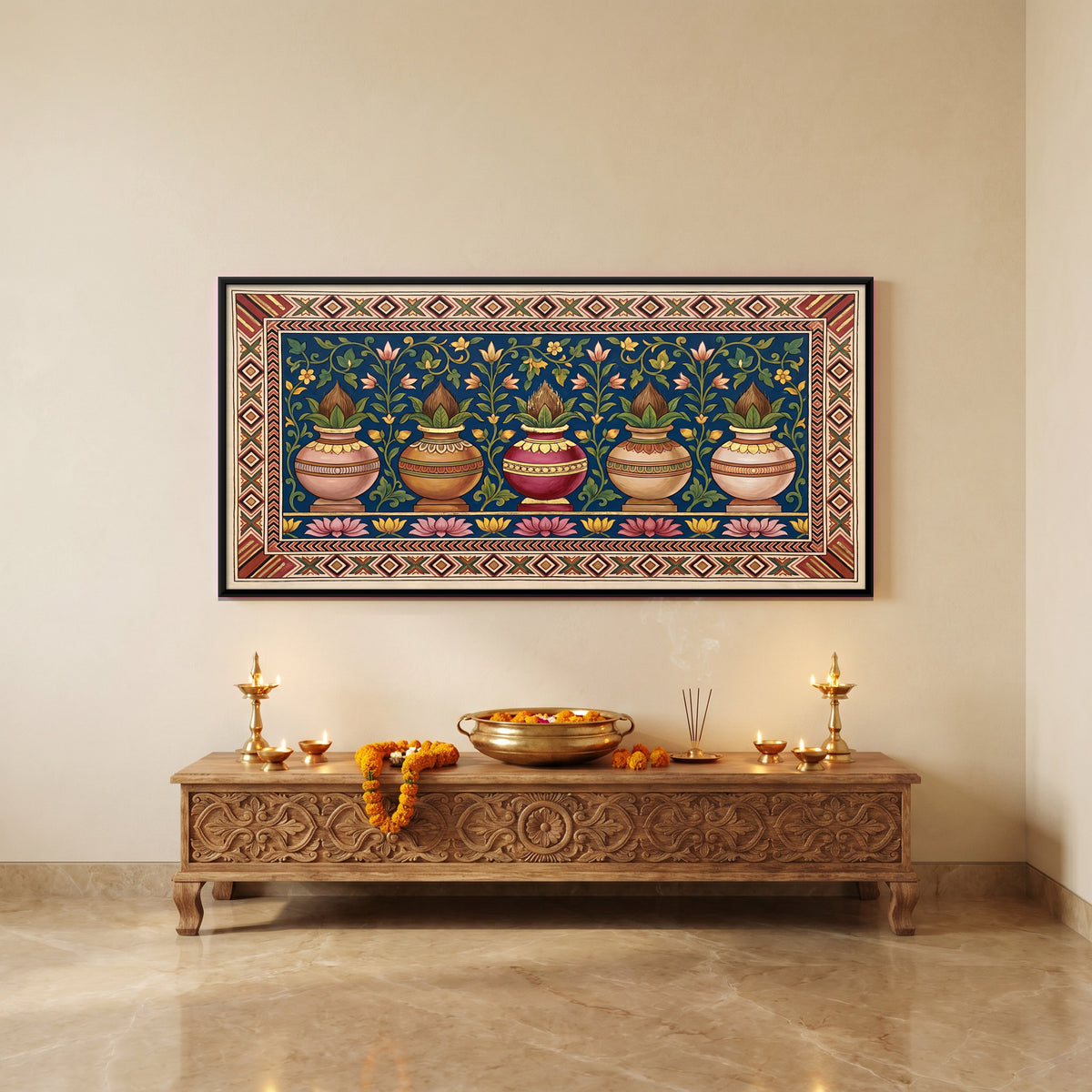 Row of Kalash Pots - canvas art shown in a second room setting