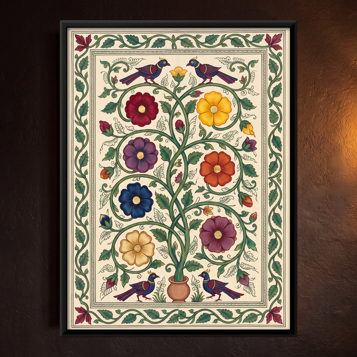 Flowering Vine with Birds - framed canvas art hung on a wall