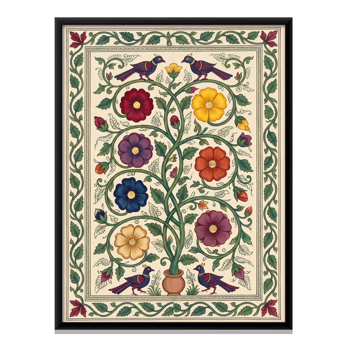 Flowering Vine with Birds - framed canvas print, front view