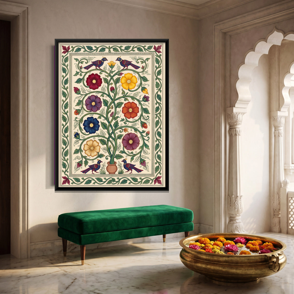 Flowering Vine with Birds - canvas art shown in a styled room