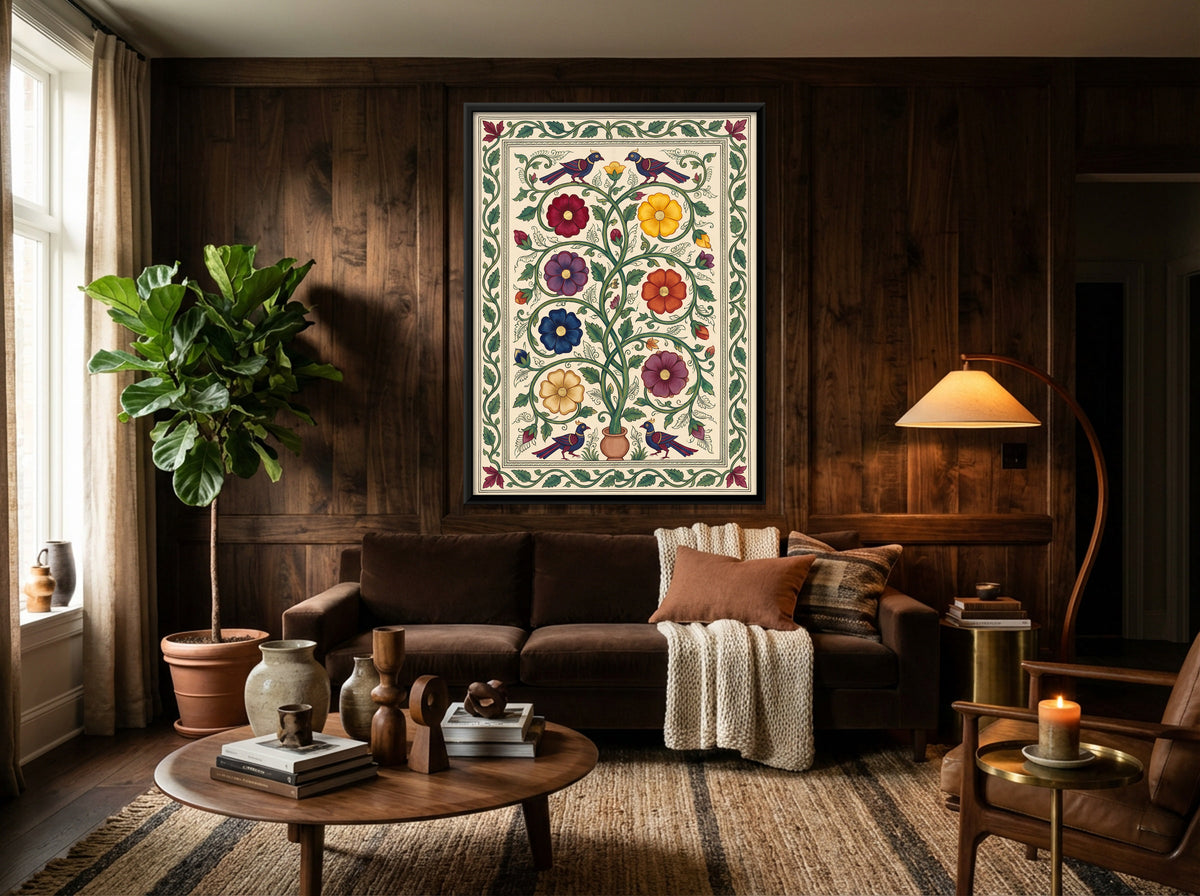 Flowering Vine with Birds - canvas art shown in a second room setting