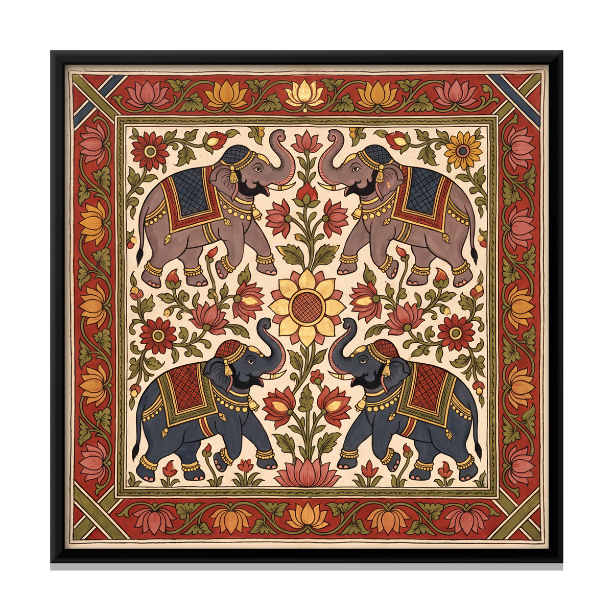 Four Elephants Around a Lotus - framed canvas print, front view