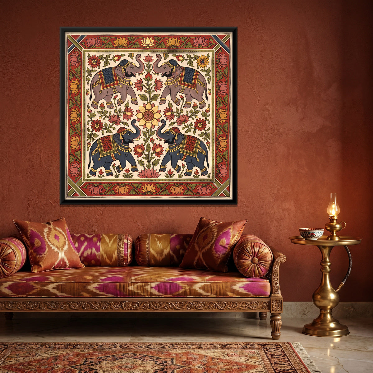 Four Elephants Around a Lotus - canvas art shown in a second room setting