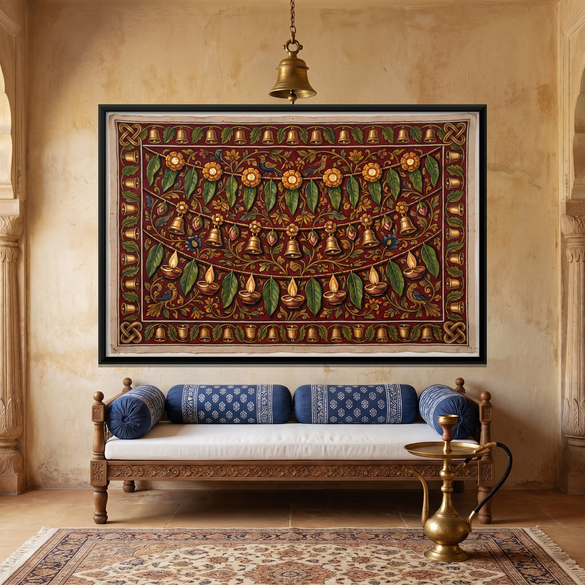 Toran with Bells and Diyas - canvas art shown in a styled room