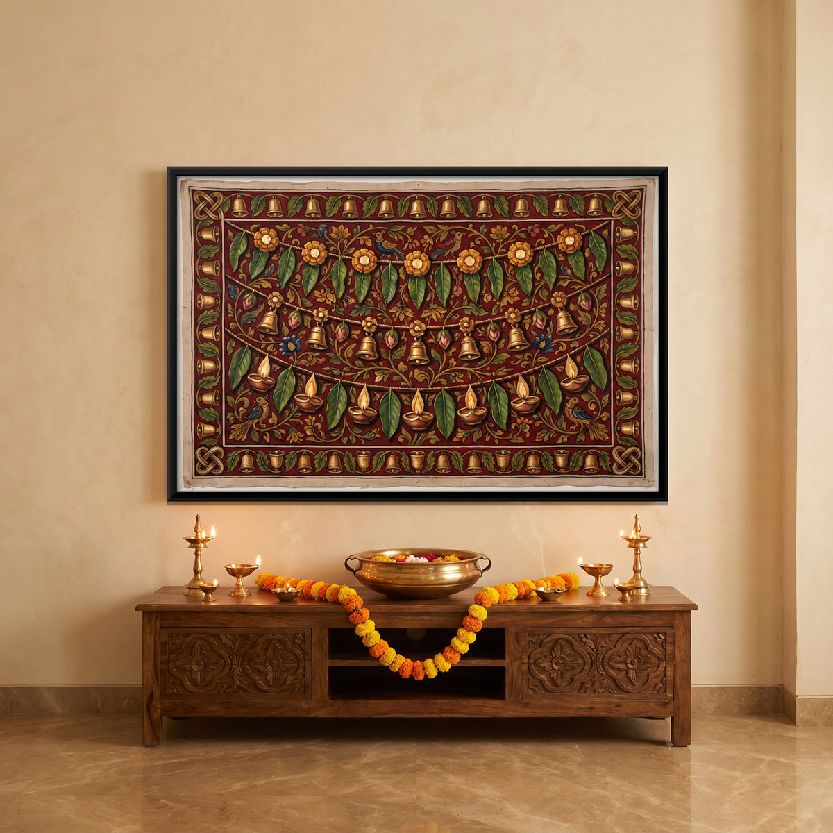 Toran with Bells and Diyas - canvas art shown in a second room setting