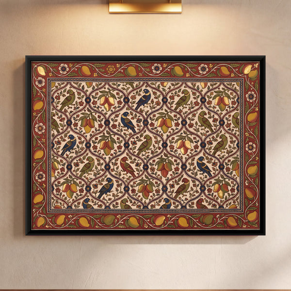 Lattice Pattern with Parrots and Mangoes