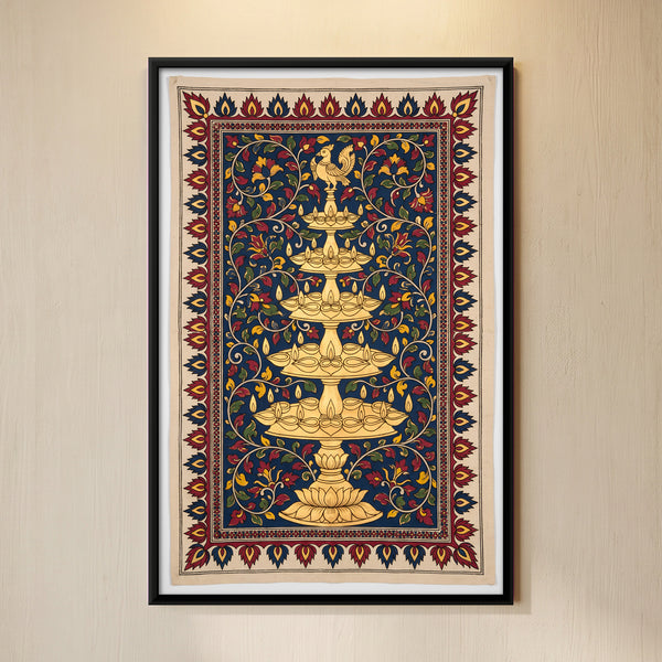 Five-tiered Golden Temple Lamp on Floral Background