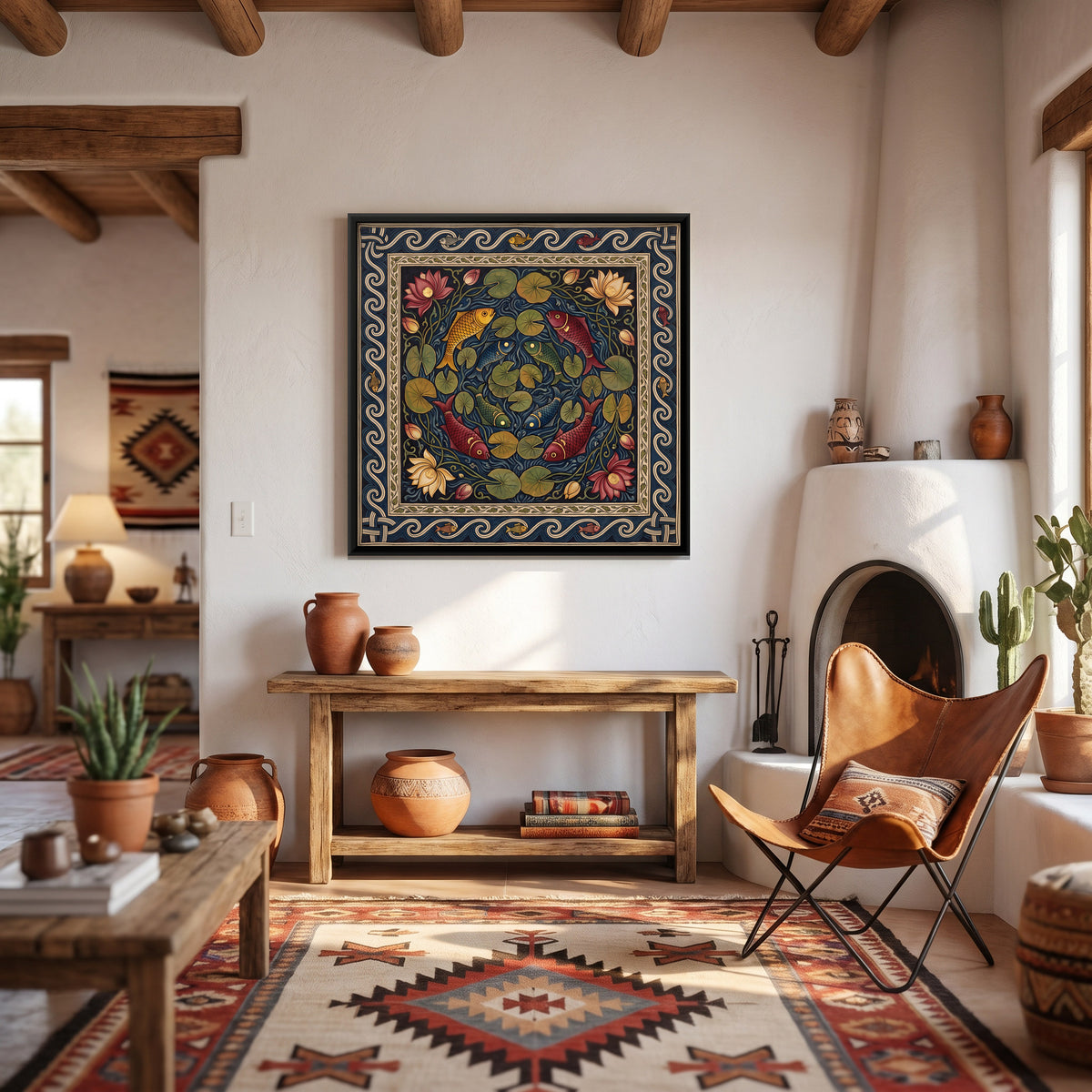 Fish and Lotus Pond - canvas art shown in a styled room