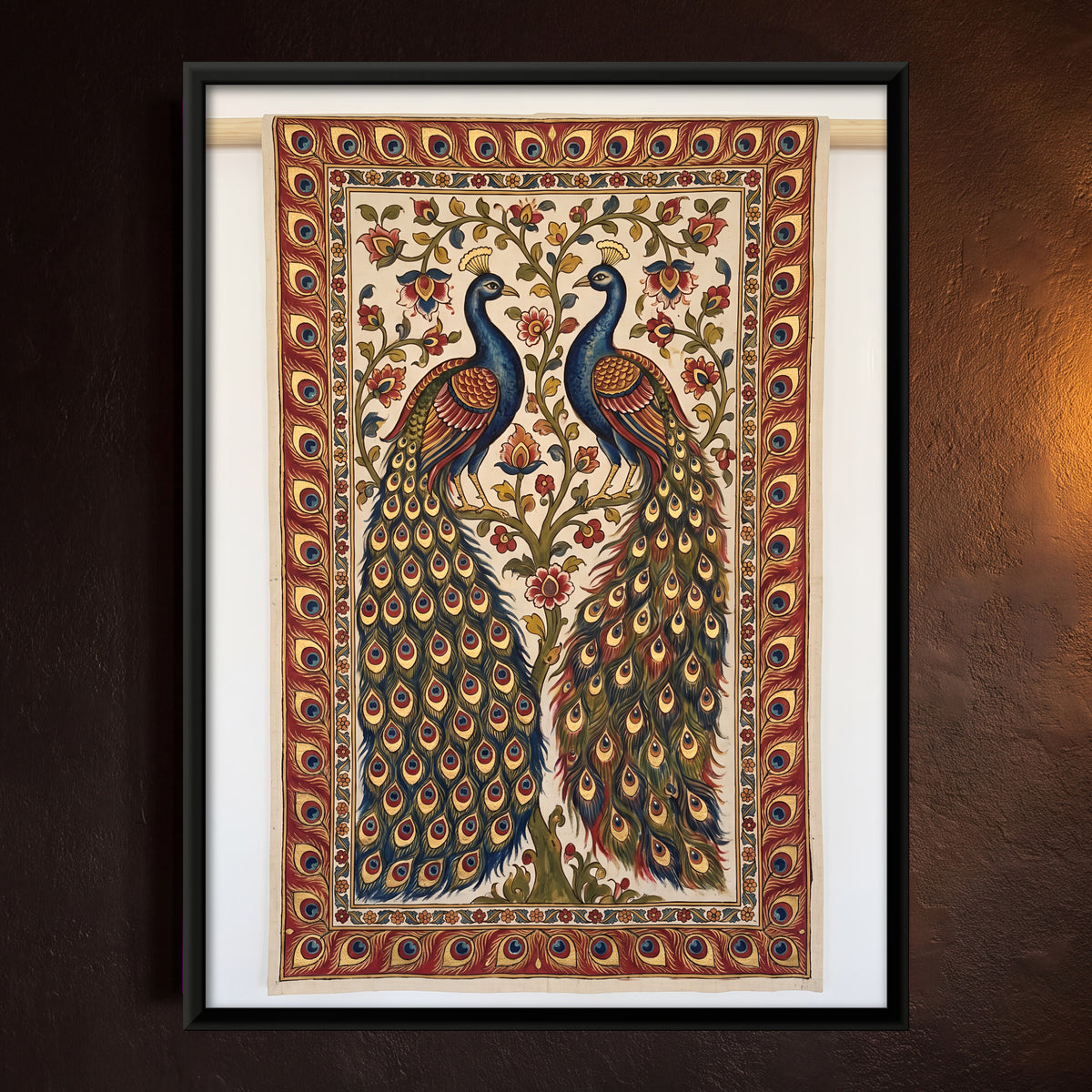 Peacock Pair Among Flowering Vines - framed canvas art hung on a wall
